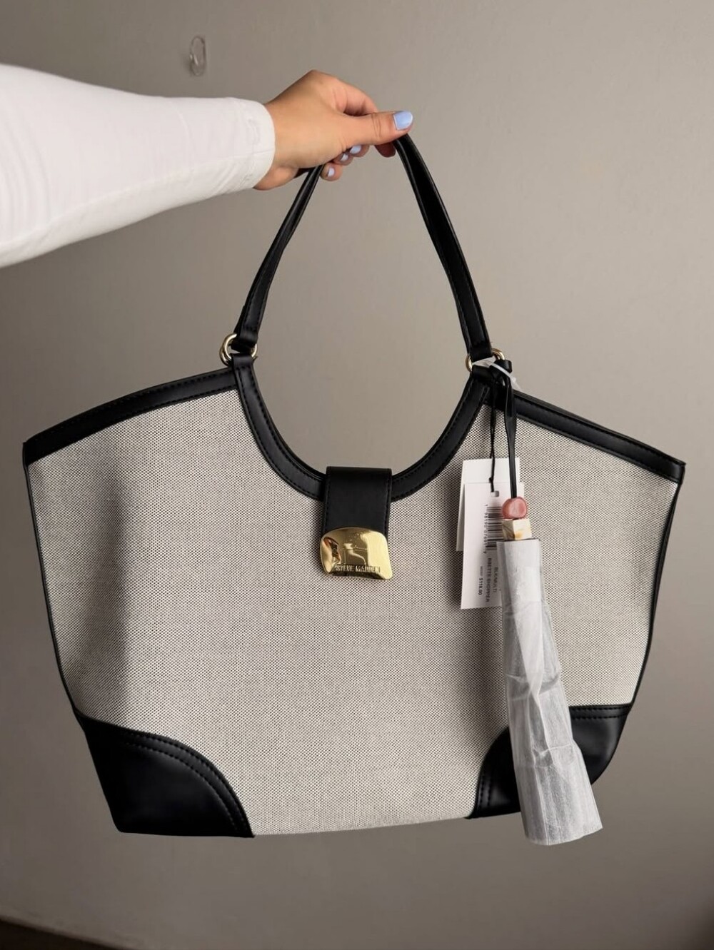 Steve Madden Black and Cream Canvas Tote with Gold Accent